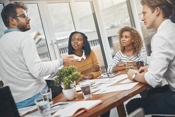 Aufkleber - Business people, teamwork and planning in meeting, documents and conversation with design company. Group, employees and startup with feedback for project, cooperation and brainstorming with paperwork
