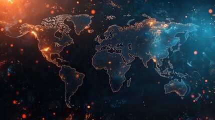 Wall Mural - A computer generated image of the world with a blue background and orange and blue lights. The lights are scattered all over the map, creating a sense of chaos and confusion