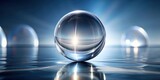 Shining glass sphere on a reflective surface, glass, sphere, shiny,reflection, smooth, round, object, crystal, decoration