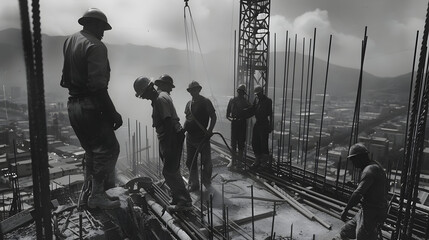 Wall Mural - Construction workers on a high-rise building site, working on the concrete frame.