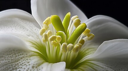 Poster - Close-up of a White Flower's Center with Yellow and Green Stamens