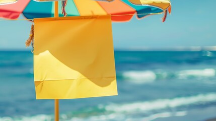 A warm yellow empty banner hanging from a colorful beach umbrella on a sunny coast, with a blurred background of waves