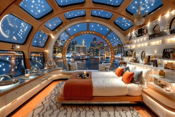 This is a beautiful bedroom that has an impressive view of the city at night,