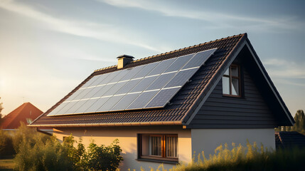 Canvas Print - House with solar panels on the roof, sustainable energy concept.