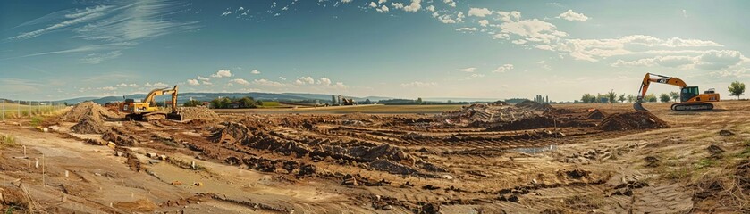 Panoramic construction site with excavators working on land under clear sky, showcasing the beginning phase of a large-scale building project.