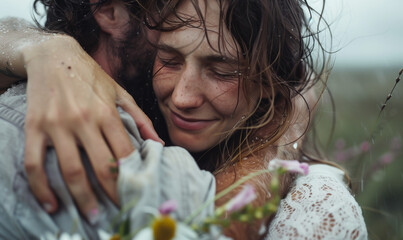 Wall Mural - Couple of lovers hugged crying, emotional