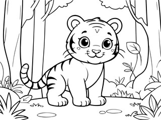 Drawing simple lines cute tiger coloring book pages. cartoons for preschool children