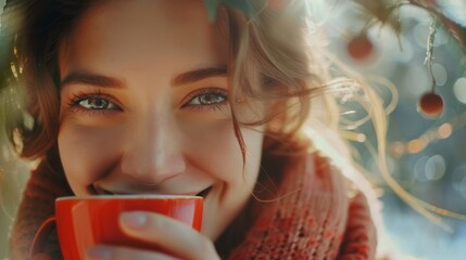 Smiling woman sipping tea, serene environment, natural light, calm colors, clean background, friendly look