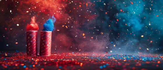  background with confetti and candles in red and blue tones, , background for greeting card, celebration of holidays, anniversaries, events, congratulations, copy space in the middle