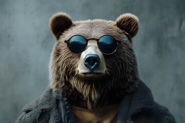 Shaggy Grizzly Bear Wearing Tiny Circular Sunglasses in Moody Low-Key Lighting