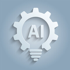 Poster - Light bulb with gears and AI icon. Flat design. Paper cut design. Artificial intelligence technology concept design. Big data and Machine learning. vector illustration.