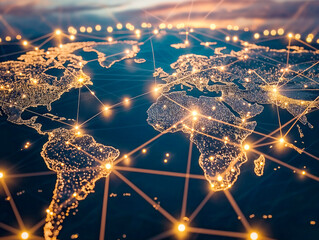 a globe with a network of lines connecting it. the globe is lit up with a warm glow, giving the impr