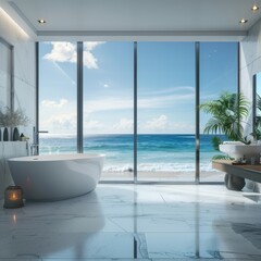 Wall Mural - a bathroom with a large window overlooking the ocean