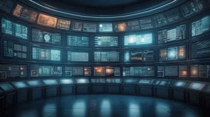 Wall Mural - A large room with many computer monitors on the wall