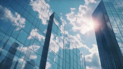 Canvas Print - Modern glass skyscraper reflecting clouds and sunlight.