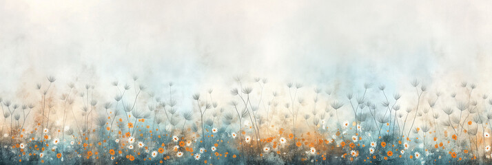 Wall Mural - A painting of a field of flowers with a blue sky in the background