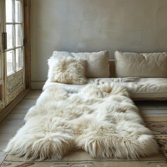 Wall Mural - a couch with a large white sheepskin rug