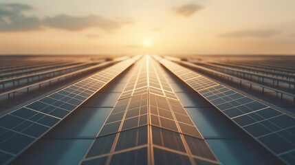 Wall Mural - A solar panel field with the sun in the background