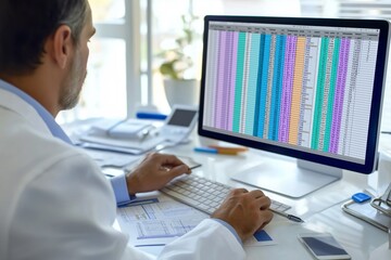 hospital doctor using spreadsheet for billing codes on desktop