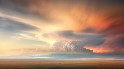 Wall Mural - A large cloud is in the sky, and the sun is setting