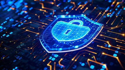 Digital shield with a glowing lock