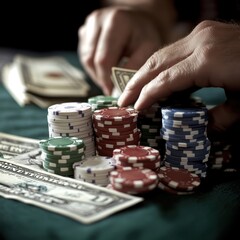 a person playing a game of poker with stacks of chips