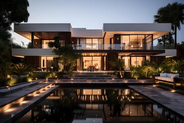 Poster - Modern home with swimming pool and patio illuminated at dusk.