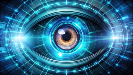 Wall Mural - Futuristic high tech eye background with digital display, futuristic, high tech, eye, background, digital, display