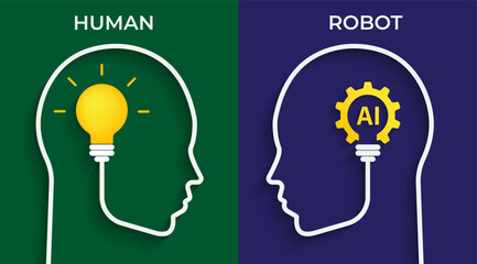 Poster - Human and robot concept. Human head with bulb and AI symbols. Artificial intelligence technology concept design, Business concept vector illustration.
