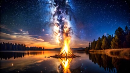 Wall Mural - Celestial Bonfire: A Symphony of Warmth and Starlight  Generative AI