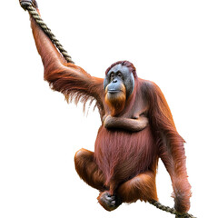  Orangutan ape hanging on a vine white background 