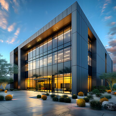 Wall Mural - modern office building with large glass facade and landscaping.