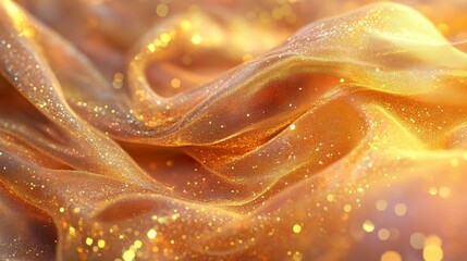 Wall Mural - Golden abstract background with yellow and orange glossy liquid texture and shimmering sparkles