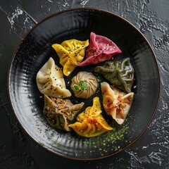 Sticker - Colorful dumplings arranged on a black plate. Delicious and vibrant food presentation. Perfect for food blogs and culinary magazines. Showcases variety in style and ingredients. AI