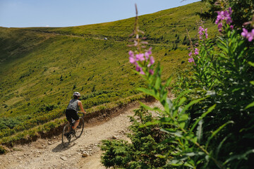 Gravel bikers on Transalpina strategic road in the Carpathian Mountains in Romania.