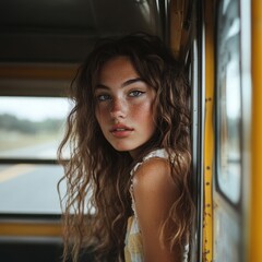 Canvas Print - Portrait of young woman hanging out of the back of a school bus