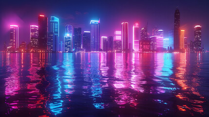 Sticker - Neon cityscape reflected in water at night.