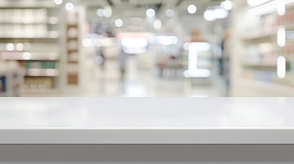 Sticker - Empty white table with blurry store background for product display