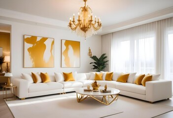 White and gold theme interior modern minimalism photo realism neww Style 3d Paints Doodle Illustration Deep View High Results 4k HD