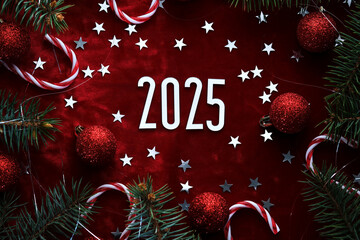 Wall Mural - new year red 2025 background. number of the coming year in christmas decoration.
