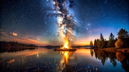 Wall Mural - Celestial Bonfire: A Symphony of Warmth and Starlight  Generative AI