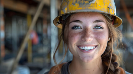 Wall Mural - Smiling woman construction worker wearing hardhat.