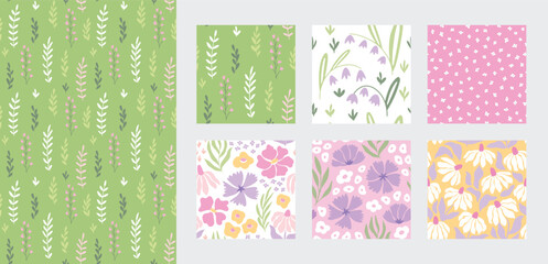 Floral seamless pattern set, trendy graphic digital papers with botanical elements, flowers, leaves for your design. Hand drawn collection. Vector illustration.