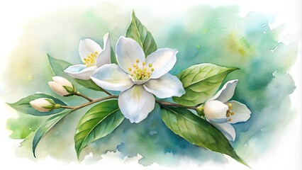 Canvas Print - The Essence of Serenity: A Watercolor Portrait of Jasmine Officinale  Generative AI