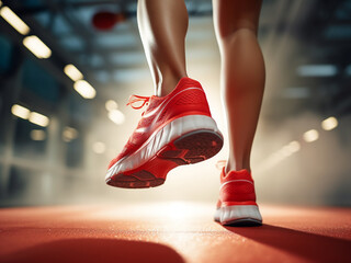 Sticker - A close-up of a woman�s legs running on a treadmill in sportswear on a red surface