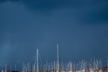 Wall Mural - Sailboat masts under a dark grey sky.