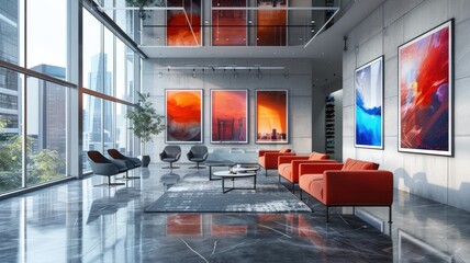 Picture of interior design inside modern style residence decorated with beautiful artwork express luxury owner lifestyle. Combination vivid color from art inside house create creativity scene. AIG53.