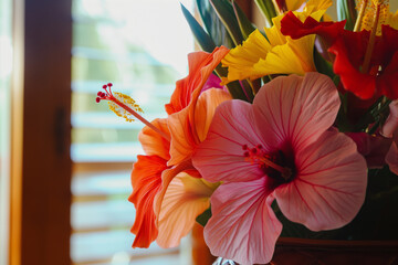 Sticker - Vibrant Tropical Flowers in Sunlit Room with Wooden Blinds Background