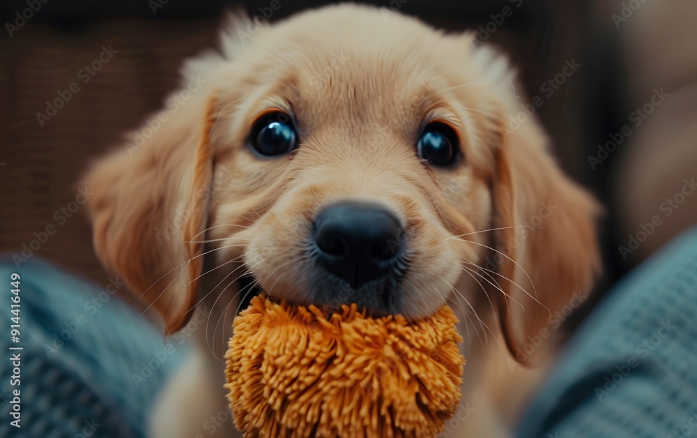 Adorable golden retriever puppy with a fluffy ball in its mouth ...