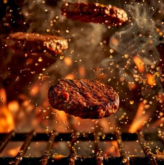 Canvas Print - Grilled burger patties bursting with flavor, in artistic shot captures essence of a BBQ. Perfect for culinary blogs, restaurant menus, or cooking magazines. High-quality AI generated food imagery. AI